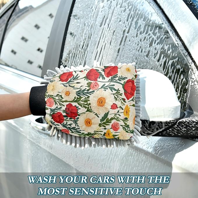 Car Wash Mitt Microfiber Wash Mitts for Car Washing Scratch-Free Cleaning Gloves Soft Non Absorbent Chenille Auto Hand Mitt Large 2Pack Poppy and Roses Flowers Bushes
