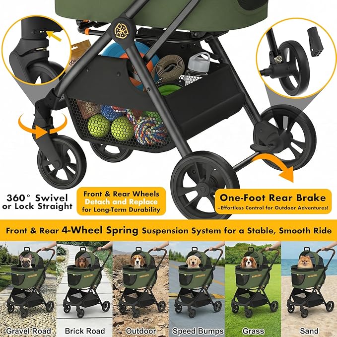 PAWZIDEA Pet Stroller 4 in 1, Foldable Cat Stroller with Detachable Carrier for Small Medium Dogs & Cats, Escape-Proof No-Zip Canopy, Lightweight Portable Travel Crate & Car Seat Combo, Storage Basket