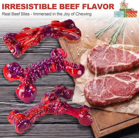 Kseroo Indestructible Dog Toys for Aggressive Chewers: 3-Pack Beef Flavored Hard Nylon Dog Chew Toys for Medium & Large Dogs(25-90lbs), Tough Super Chewer Dog Bones Toys to Keep Them Busy, Red