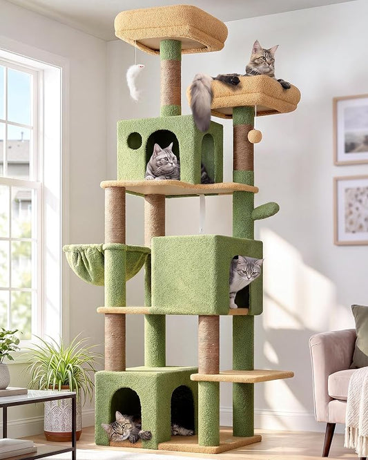 Globlazer Cactus Cat Tree Tall, 71 inches Cat Tower for Indoor Adult Cats Multi-Level 3 Condos for Indoor Cats XL Cat Tree Tower with Scratching Posts, Soft Extra Large Hanging Basket, F71, Green