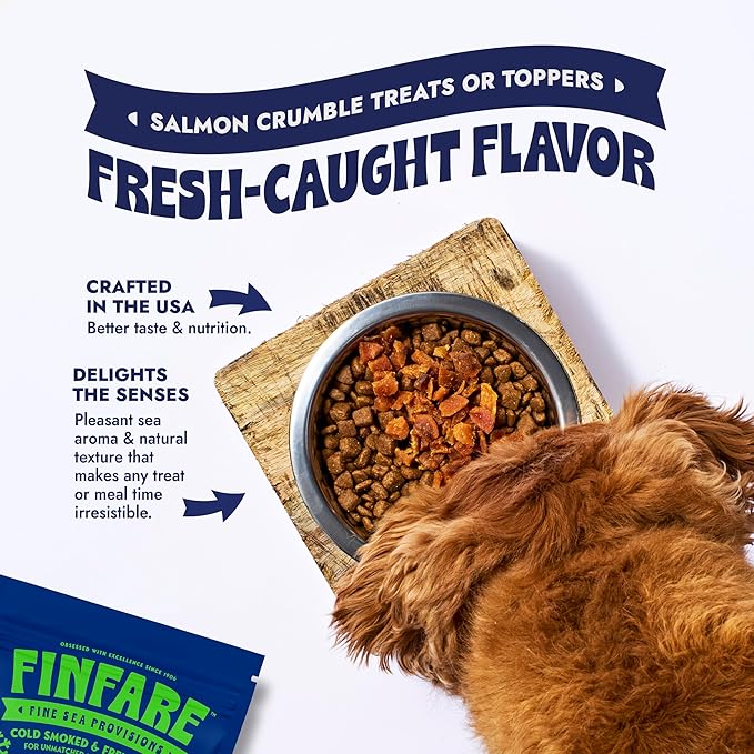 Finfare Freeze Dried Dog Food Toppers, Salmon Crumbles, Protein & Omega-3s, Grain Free Salmon Training Treats and Meal Toppers for Dogs, Crafted in USA, 2oz
