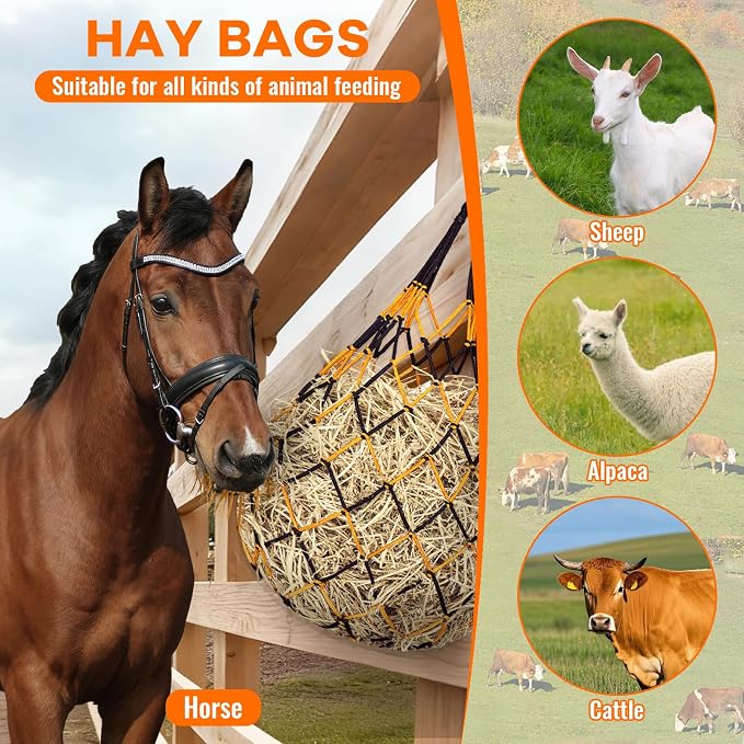 YedsIntu 3 Pcs Hay Bags for Horses, Hay Nets for Horses Goat Sheep,Goat Hay Feeder for Slower Feeding,Strong Load-Bearing Hay Bag Hanging for Horse Stable Trailer (Black and Yellow)