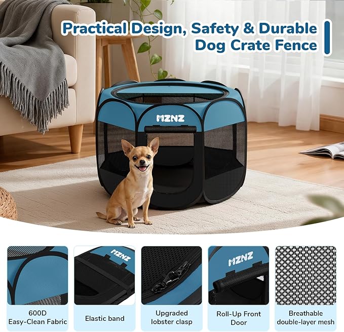 Dog Cat Playpen, Portable Small Animal Playpen Crate Indoor for Dogs Cats Rabbits, Foldable Guinea Pigs Bunny Cage Enclosure Outdoor, Pop Up Dogs Cats Tent Kennel with Carrying Case, Blue Black