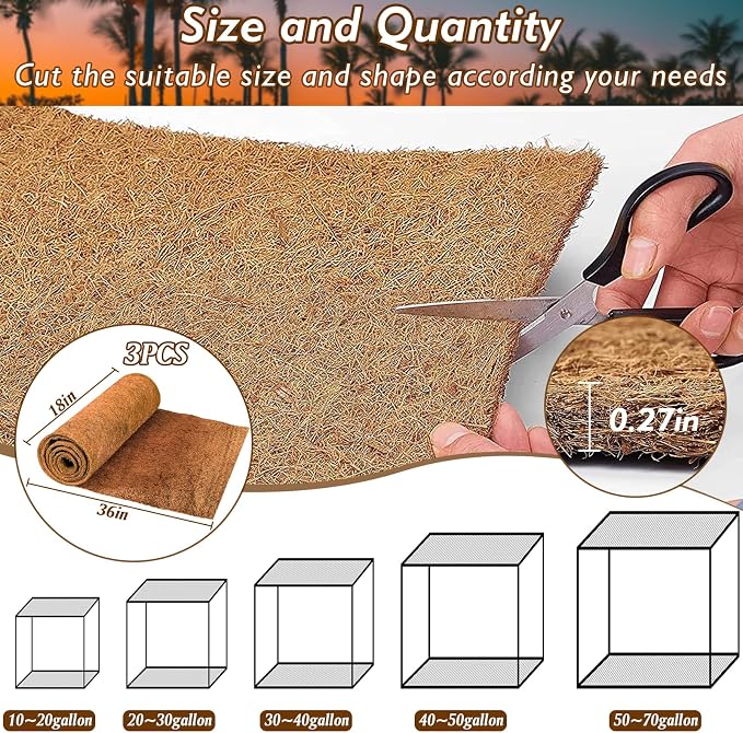 ZeeDix 3 Rolls Reptile Mat, 18 x 36 inches Natural Coconut Fiber Liner Mat Flooring Accessories for Reptile Tank - Bearded Dragon Tortoise Lizard Turtle Snake Leopard Gecko Substrate Bedding