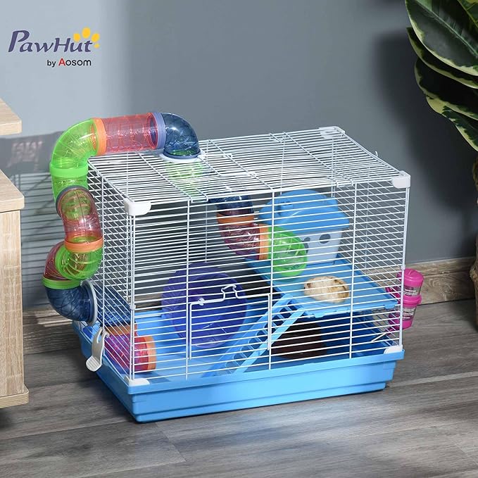 PawHut 2-Level Hamster Cage Rodent Gerbil House Mouse Mice Rat Habitat Metal Wire with Exercise Wheel, Play Tubes, Water Bottle, Food Dishes, & Interior Ladder