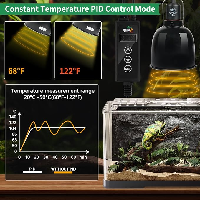LUCKY HERP Reptile Dimming Thermostat, PID Heat Lamp Temperature Controller with LED Digital Screen for Reptile Heat Lamp Heat Mat & Heaters, Support ℉/℃, Memory Function