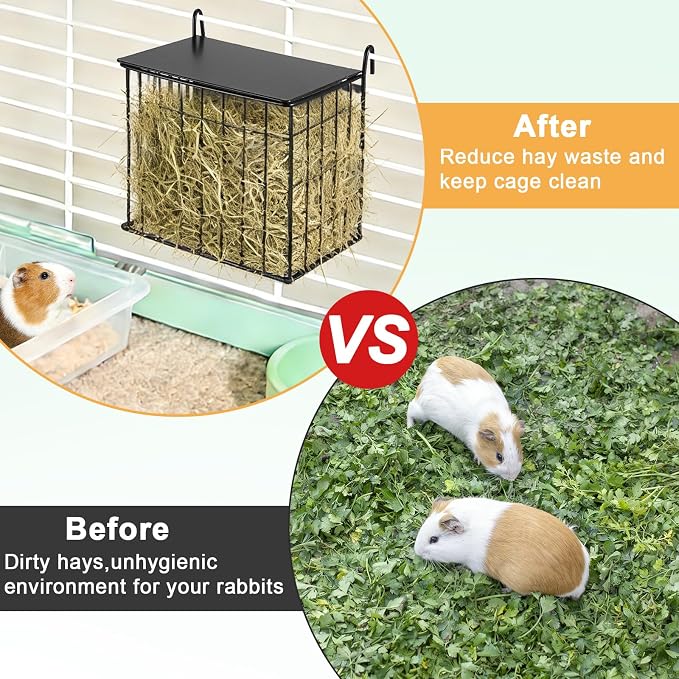 Upgraded Hay Rack for Rabbits, Rabbit Hay Feeder with Tops, Metal Frame Bunny Feeder, Square, Rabbit Feeding Holder for Guinea Pigs, Chinchillas, Small Animals