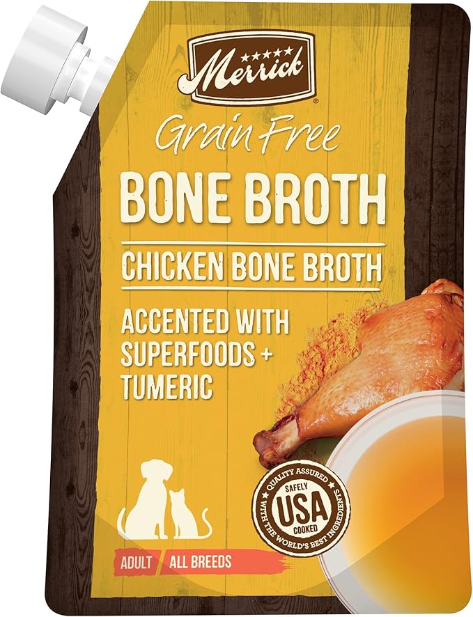Merrick Grain Free Bone Broth, Premium Human Grade And Gluten Free Dog And Cat Food Topper Pouches, Chicken - 16 oz. Pouch