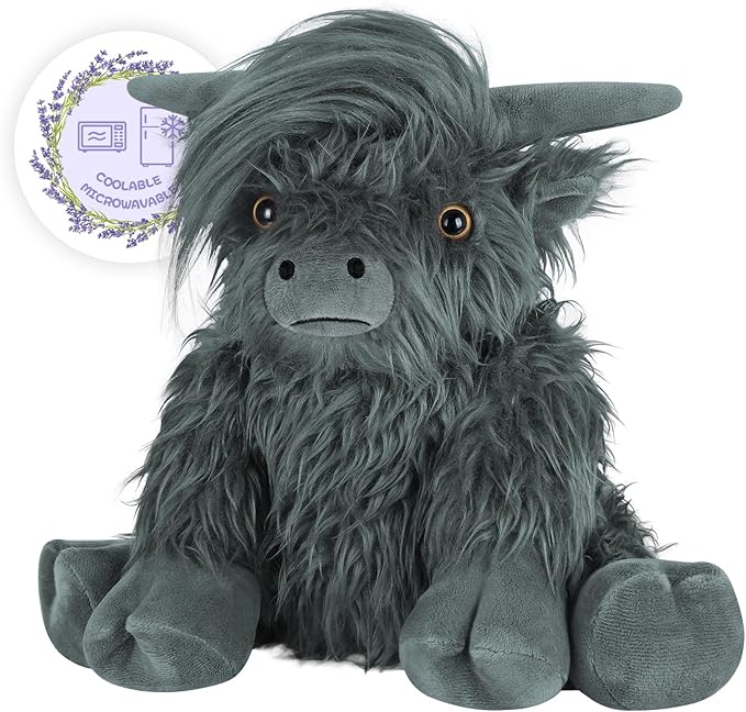 SuzziPals Heatable & Coolable Highland Cow Stuffed Animal, Microwavable Heating Pad for Soothing & Relaxation, Black Cattle Plushies for Stress Relief, Lavender Scented Stuffed Cow Gifts