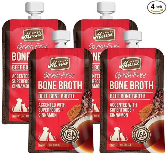 Merrick Grain Free Bone Broth, Premium Human Grade And Gluten Free Dog And Cat Food Topper Pouches, Beef - 7 oz. Pouch (Pack of 4)