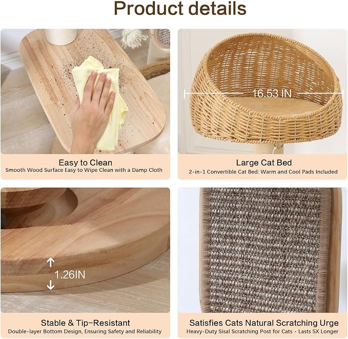 Solid Wood Cat Tree for Large Cat, 50-Inch Tall Cat Tower for Indoor Cats with Scratching Post, Multi-Level Cat Condo with Handwoven Basket, Sturdy Cat Houses Easy to Clean