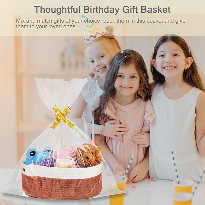 Small Woven Basket with Gift Bags and Ribbons, Empty Baby Gift Baskets for Kids Women Men, Shelf Storage, Small Cat Dog Pet Toy Boxes, 13”x 9”x 5.5”, Autumn Glaze