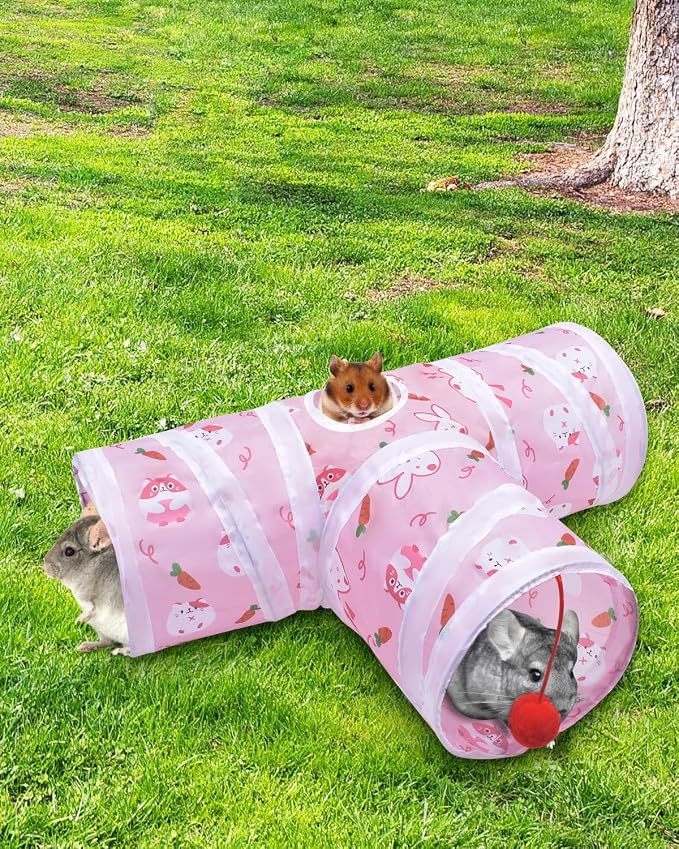 Ferret Guinea Pig Tunnel Collapsible Bunny Tube with 1 Play Ball 3 Ways Pet Rabbit Tunnels Hideout for Indoor Kitten Chinchilla Hamster Rat Small Pet Activity Fun Toys (Pink)