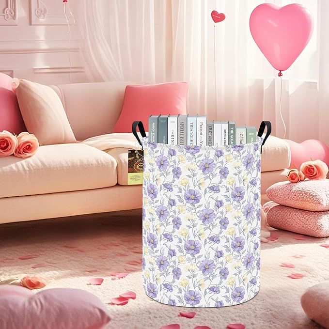 Collapsible Fabric Storage Basket, Waterproof Laundry Hamper with Handles, Round Storage Bin for Clothes Toys, Foldable Organizer for Bedroom Nursery Bathroom(Round-Purple Flowers)