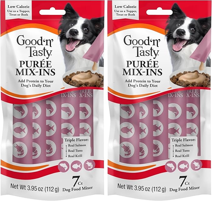 Good 'n' Tasty Triple Flavor Puree Mix-Ins Dog Food Topper Treats for All Dogs, 7 Count, Easy Single-Serve Portions, Added Protein with Salmon, Tuna and Krill, No Chicken or Beef Added (Pack of 2)