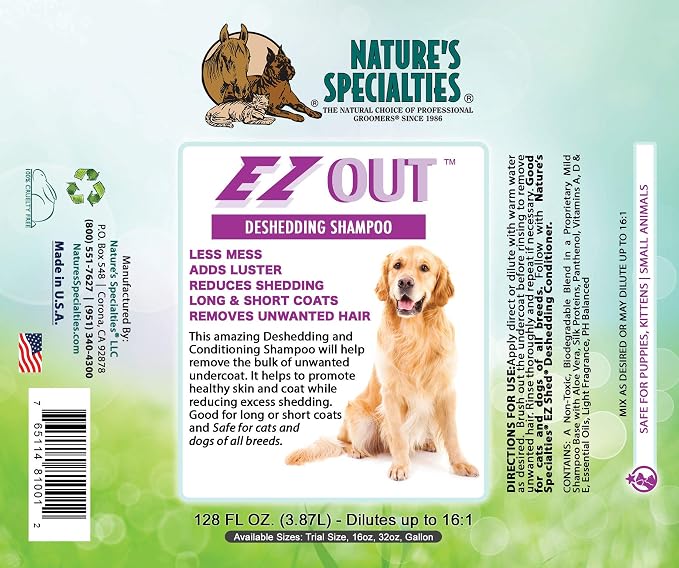 Nature's Specialties EZ Out Ultra Concentrated Deshedding Dog Shampoo for Pets, Makes up to 2 Gallons, Natural Choice for Professional Groomers, Removes Unwanted Hair, Made in USA, 16 oz