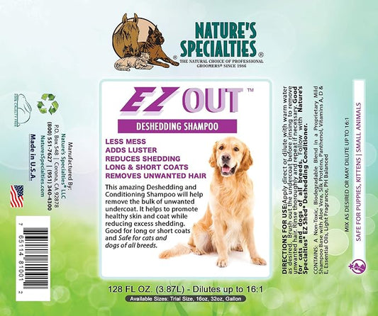 Nature's Specialties EZ Out Deshedding Ultra Concentrated Dog Shampoo for Pets, Makes up to 4 Gallons, Natural Choice for Professional Groomers, Removes Unwanted Hair, Made in USA, 32 oz