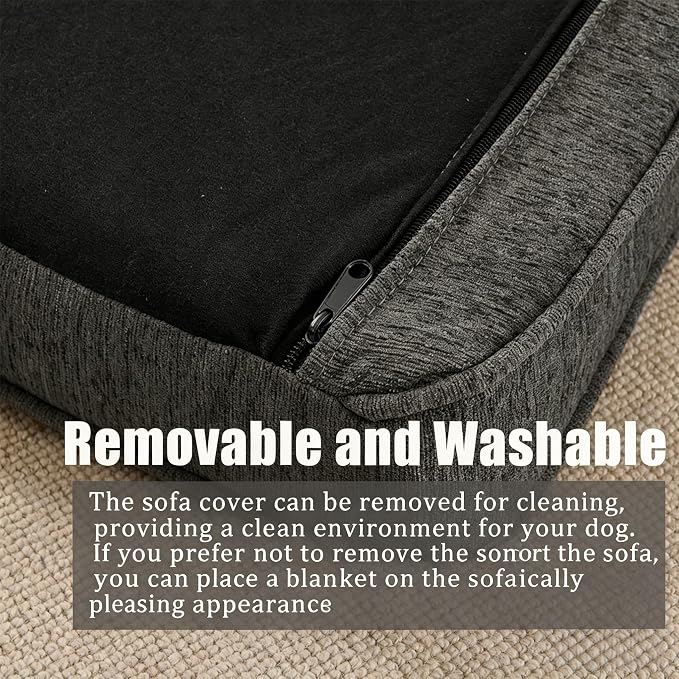 Large Dog Couch, for Large & Extra Large Dogs | Removable & Washable | No Assembly Required | Breathable Linen Fabric | Soft Foam |Floor-friendly sofa legs | Dark Grey