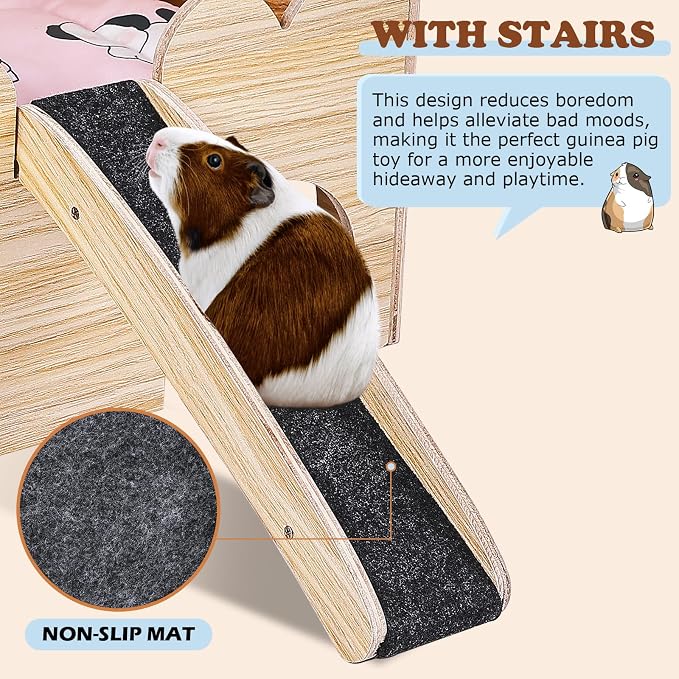 Guinea Pig Castle, Wooden Multi-Functional Pet House for Guinea Pig Hideout & Guinea Pig House with Ladder, Small Animal House Bed for Guinea Pigs, Chinchillas, Hedgehogs. Ideal Hideaway
