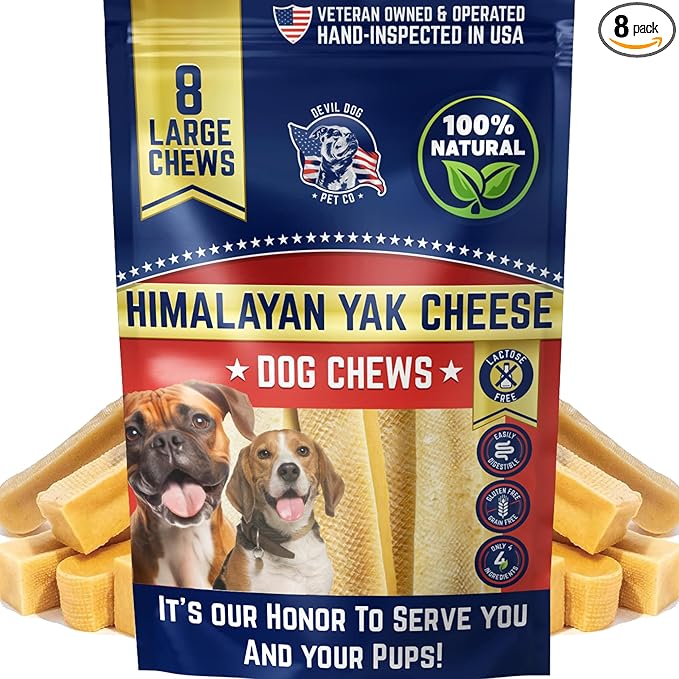 Devil Dog Pet Co. Himalayan Yak Cheese Dog Chews for Medium to Large Breeds & Aggressive Chewers - Long Lasting, Rawhide Free, High Protein - Cleaner Teeth, Anxiety & Boredom Relief - 8 Pack