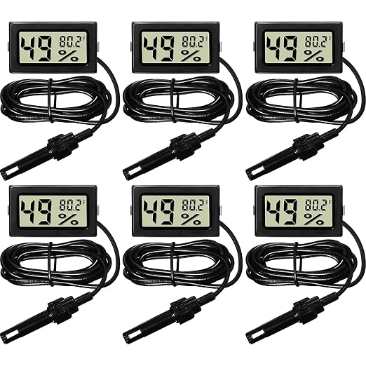 Weewooday Mini Digital Temperature Humidity Meters Gauge with Probe Gauge LCD Fahrenheit Display Thermometer Hygrometer for Incubator Reptile Plant Greenhouse Chicken Coop Garden(Black, 6 Pieces)