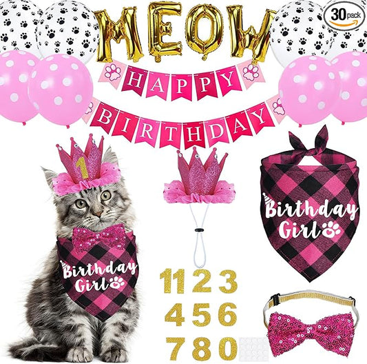 Cat Birthday Party Supplies, Cat Birthday Hat Crown with Number Bandana Bow Tie Banner Balloons Meow Balloons for Cats Kittens Decorations