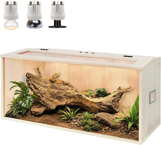 PROLEE Bearded Dragon Tank,Wooden Reptile Tank and Lizard Tank,Tempered Glass Large Bearded Dragon Enclosure with Built-in Lamp Fixture (40X20X20inch,65 Gallons)