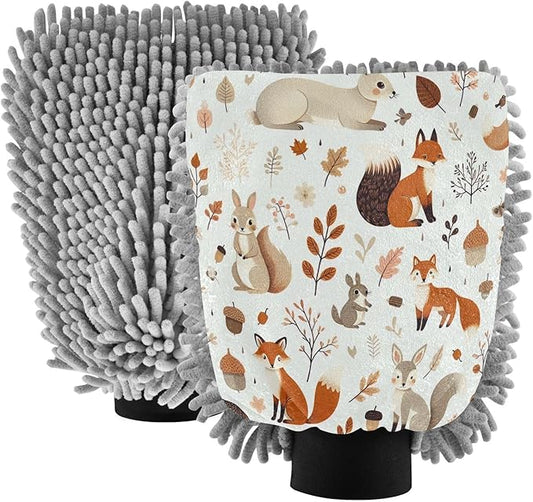 Autumn Rabbits Fox Animals Car Wash Mitt 2PCS Absorbent Chenille Microfiber Mitts Scratch-Free Lint-Free Double-Sided Car Cleaning Gloves, 7.09"X10.24"