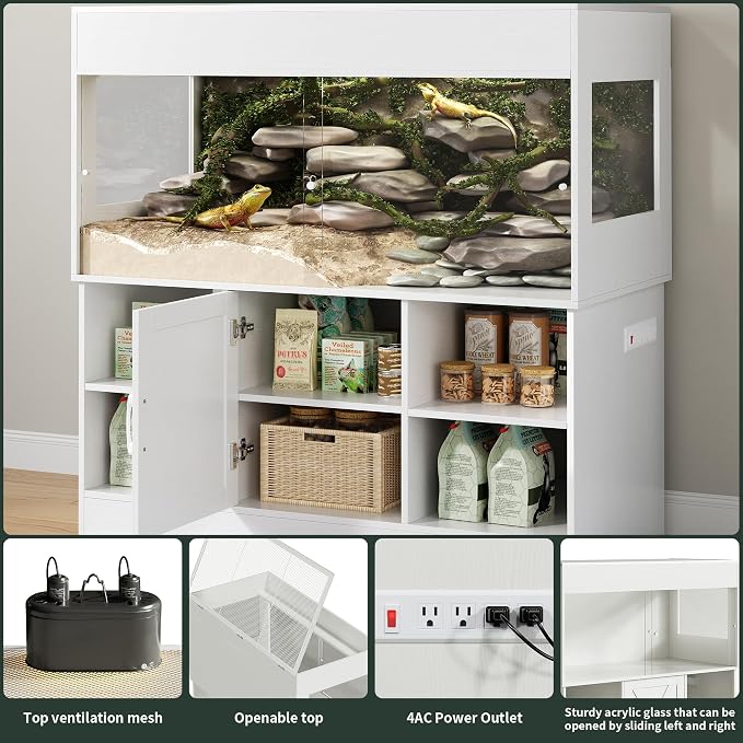 Herture 120 Gallon Terrarium with Stand, 4x2x2 Reptile Enclosure Tank for Bearded Dragons Snakes Lizards, Large Vivarium Habitat with Storage & Power Strip White PX07RTW