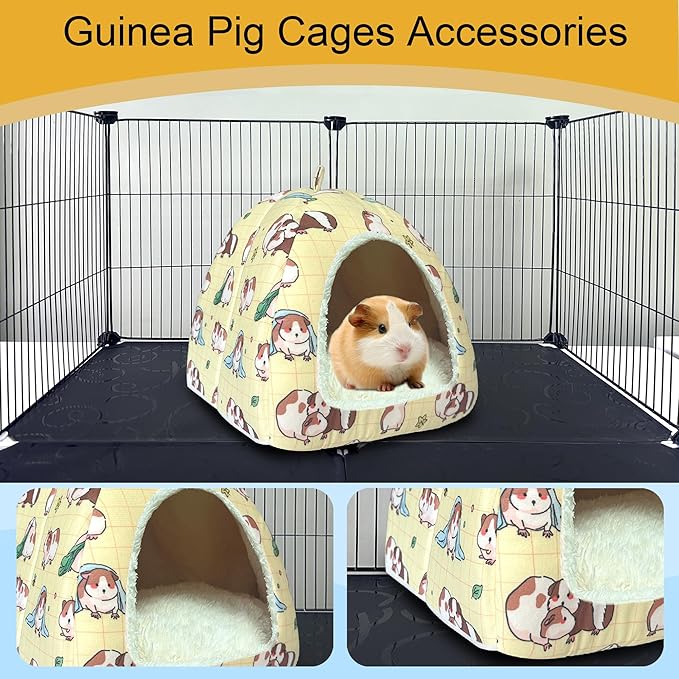 Guinea Pig Hideout Bed 11.8-Inch Cube - Cozy Small Animal House for Guinea Pigs, Chew-Proof Hideaway with Ventilation (Yellow, Adorable Guinea Pig Print)