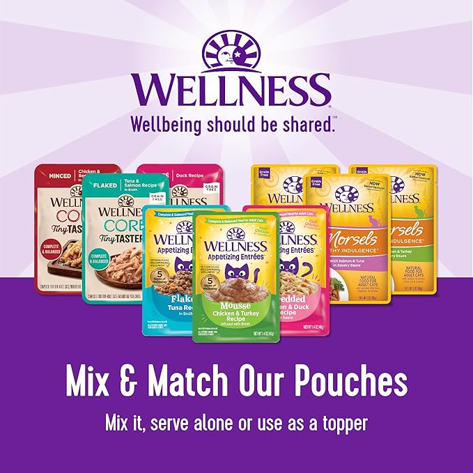Wellness Appetizing Entrées Flaked, Shredded and Mousse Variety Pack Adult Wet Cat Food, Natural, Protein-Rich, Grain Free, Seafood & Poultry Recipes, 1.4 oz, Pack of 8 Pouches
