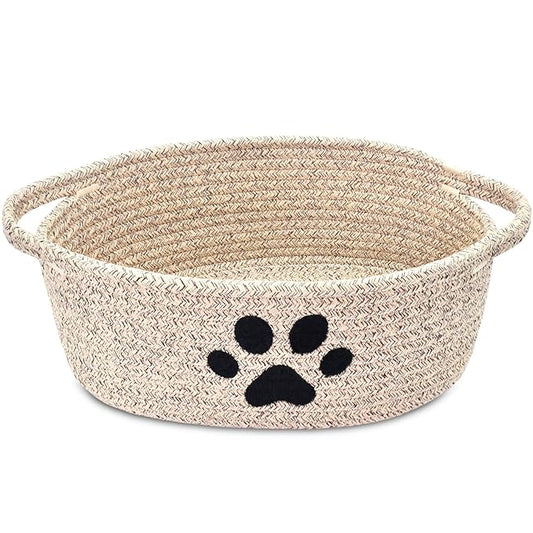 ABenkle Small Woven Basket with Handle, Cute Dog Paw Baskets for Gifts Empty, Decorative Rope Woven Storage Dog Toy Basket, Nursery Baskets for Baby Shower, 12" x 8" x 5"