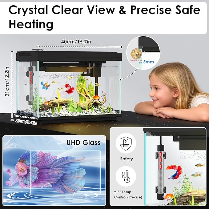 Smart Fish Tank Starter Kit with Smart Temperature Display & Wireless Control, 5.8 Fish Tank Self Cleaning, 3-in-1 Quiet Filter Pump, 7-Color LED, Heater, Feeder for Beginner Aquarium