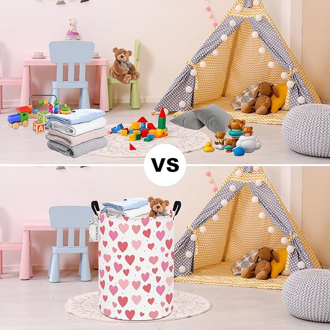 Storage Basket, Nursery Hamper Canvas Laundry Basket Foldable with Waterproof PE Coating Large Storage Baskets for Kids Boys and Girls, Office, Bedroom, Clothes,Toys(Colorful hearts)