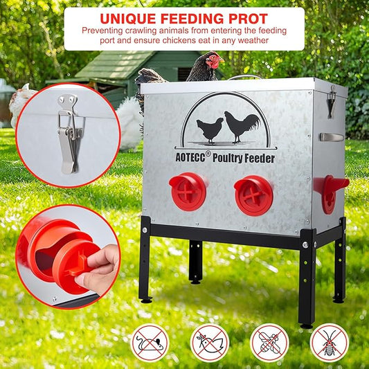 Metal Chicken Feeder, 40lb Automatic Chicken Feeder - 6 Feeding Ports, No Waste Poultry Feeder with Lid & Adjustable Legs for Chicken Coops, Weatherproof