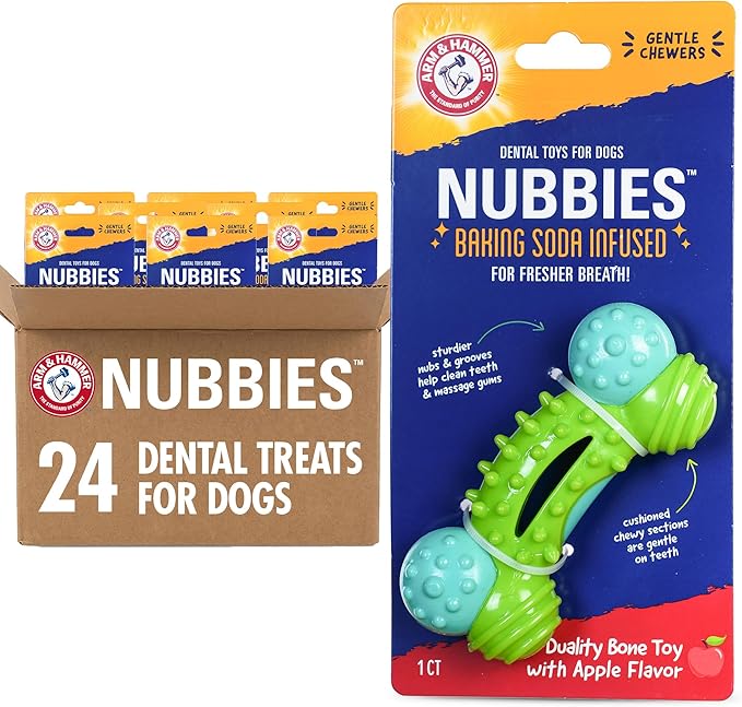 Arm & Hammer Nubbies Duality Bone Dog Dental Chew Toy, Green Apple Flavor, Baking Soda Infused, Nubby Grooves Reduce Plaque and Tartar, No Stuffing, for Moderate Chewers - 24 Pack