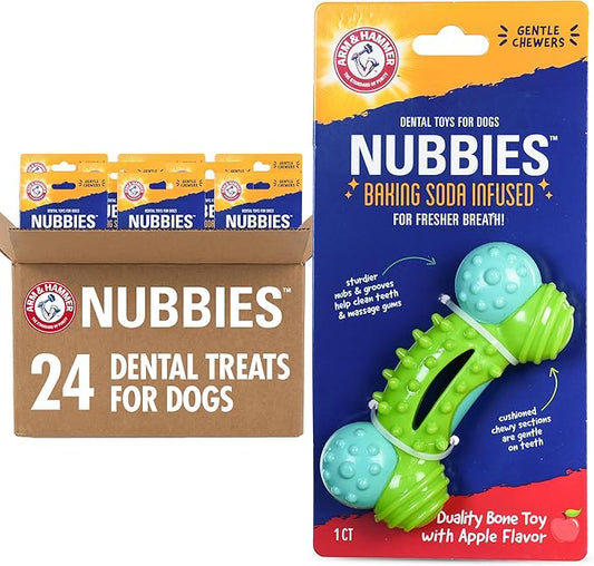 Arm & Hammer Nubbies Duality Bone Dog Dental Chew Toy, Green Apple Flavor, Baking Soda Infused, Nubby Grooves Reduce Plaque and Tartar, No Stuffing, for Moderate Chewers - 24 Pack