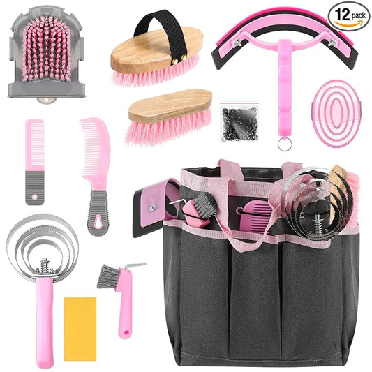 Abbylike 12 Piece Horse Grooming Kit with Organizer Tote Bag Brush Sets for Derby Day Show Horses Professional Tools for Care & Massage(Pink and Grey)