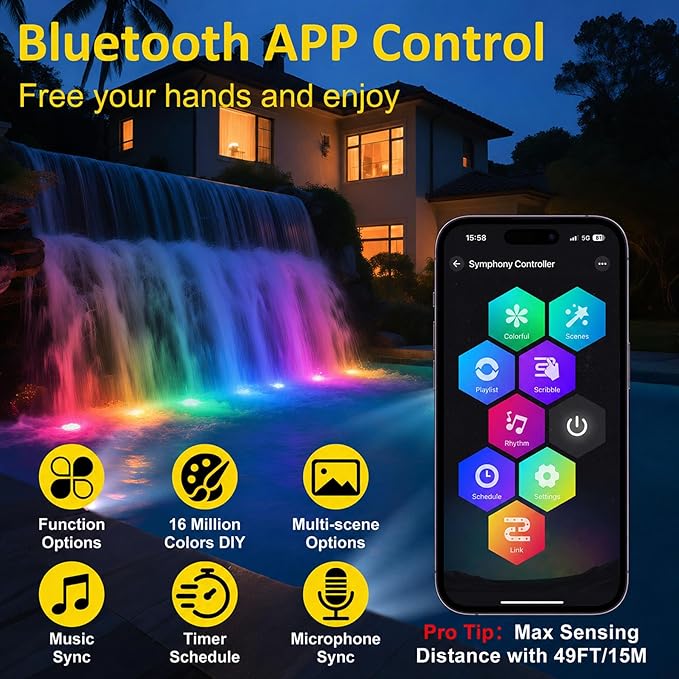 T-SUN Color Changing Submersible Pond Lights with APP and Remote Control, IP68 Waterproof Dimmable Timer Fountain Lights led Underwater for Koi Fish Tank Aquascape Waterfall Landscape(Set of 3)
