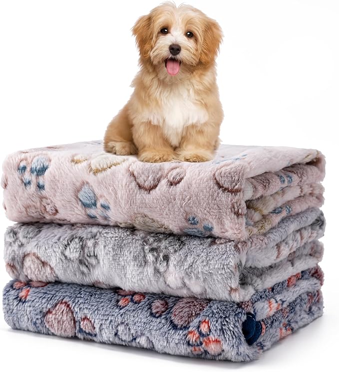 1 Pack 3 Blankets Fluffy Premium Fleece Soft Pet Blanket Flannel Throw for Cat Dog Puppy (Medium 30x20'', Paw-Beige/Grey/Navy)