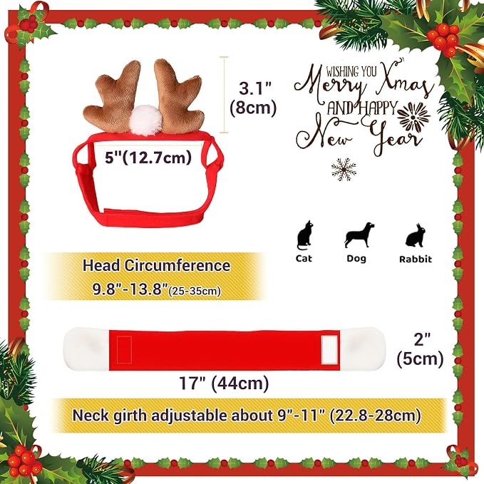 NAMSAN Christmas Cat Reindeer Costume, Xmas Deer Antler Headband with Red Scarf for Small Dogs Cats, Santa Claus Reindeer and Scarves Outfit