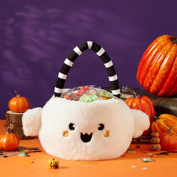 Halloween Plush Treat Basket, Halloween Candy Basket, Trick-or-Treat Bag(White Ghost)