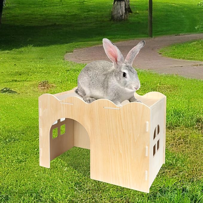 Bifeaw Rabbit Hideout, Natural Wooden Chew Proof Hideaway Hut for Small Pets (Rabbit)