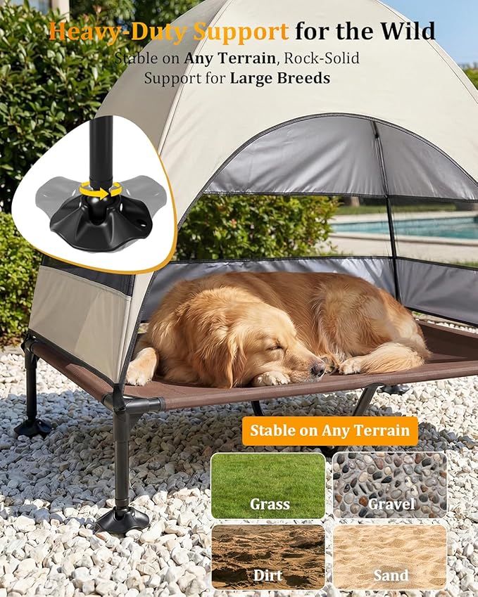 Elevated Dog Bed with Canopy - 3-Sided UV Protection Pet Tent with Wider Shade, Raised Cooling Outdoor Dog Cot with Breathable Mesh for Medium Large Dogs, Portable Bed for Camping, Patio (Khaki, XL)