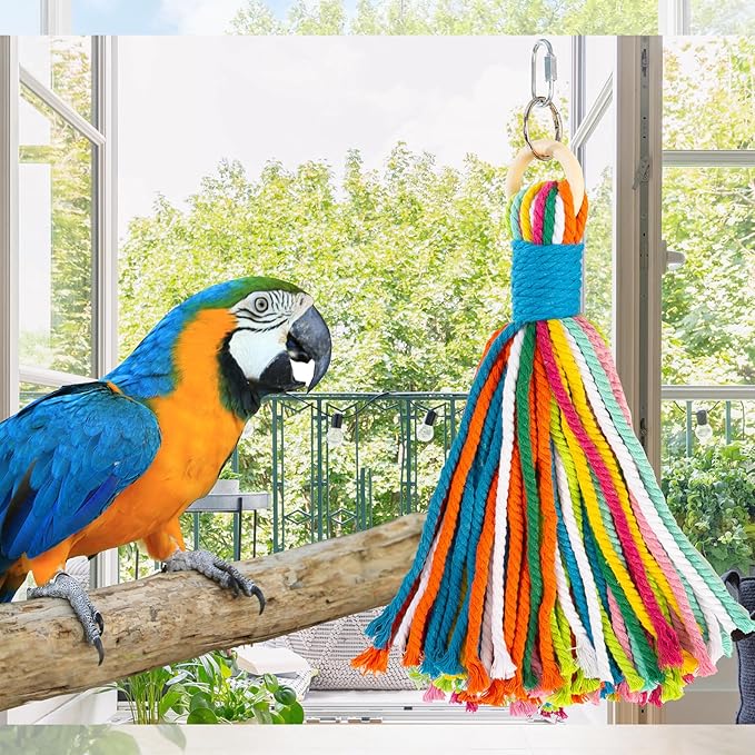 Bird Toys for Parrots, Colorful Cotton Rope Chew Toys for Large Birds, Natural Hanging Bird Cage Toys for Cockatiels, Macaws, Medium Large Birds for Playing & Preening (1)