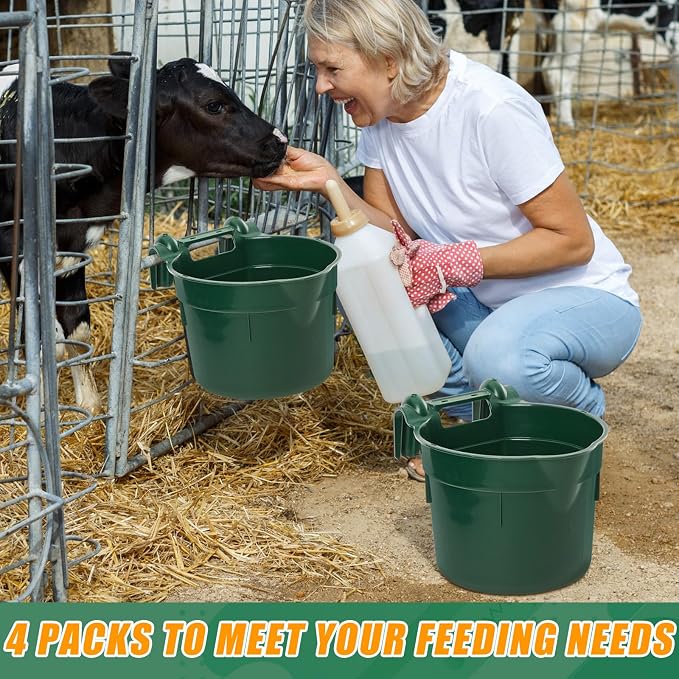 Reallnaive 4 Pcs 8.5 Quart Hook Over Horse Feed Bucket, Hanging Plastic Livestock Animals Feed Bucket for Stall, Mountable Round Horse Goats Feeder for Feeding and Watering Supplies