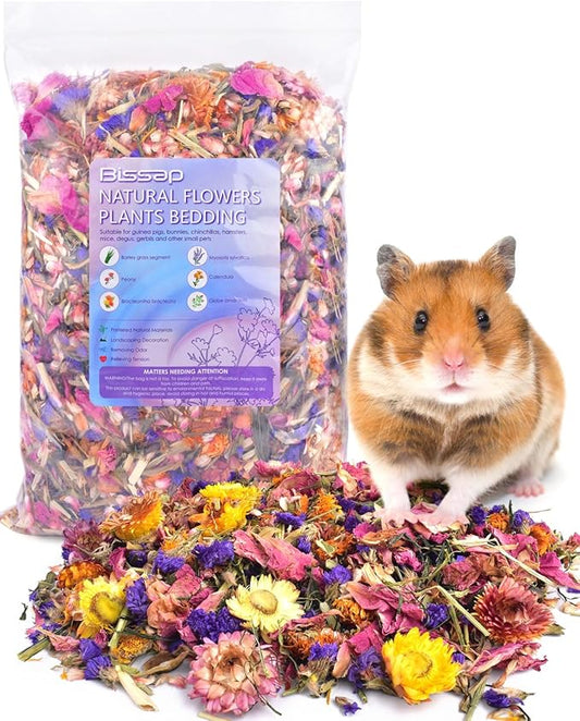 Bissap Natural Flower & Herb Hamster Bedding 300g/10.5oz, Small Animal Flower Habitat Decor for Syrian Dwarf Hamster Gerbil Chinchilla Mice Degu and Other Small Pet Flower Bedding Odor Control Forage