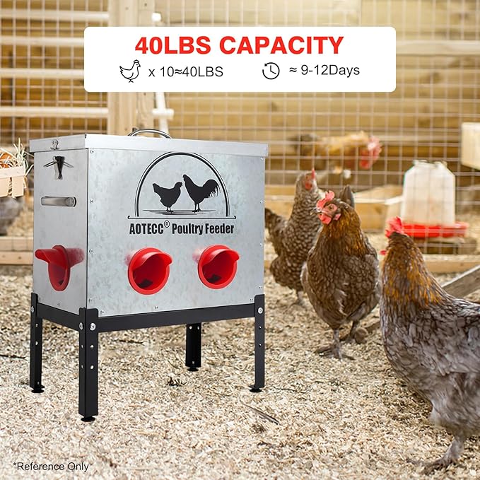 Metal Chicken Feeder, 40lb Automatic Chicken Feeder - 6 Feeding Ports, No Waste Poultry Feeder with Lid & Adjustable Legs for Chicken Coops, Weatherproof