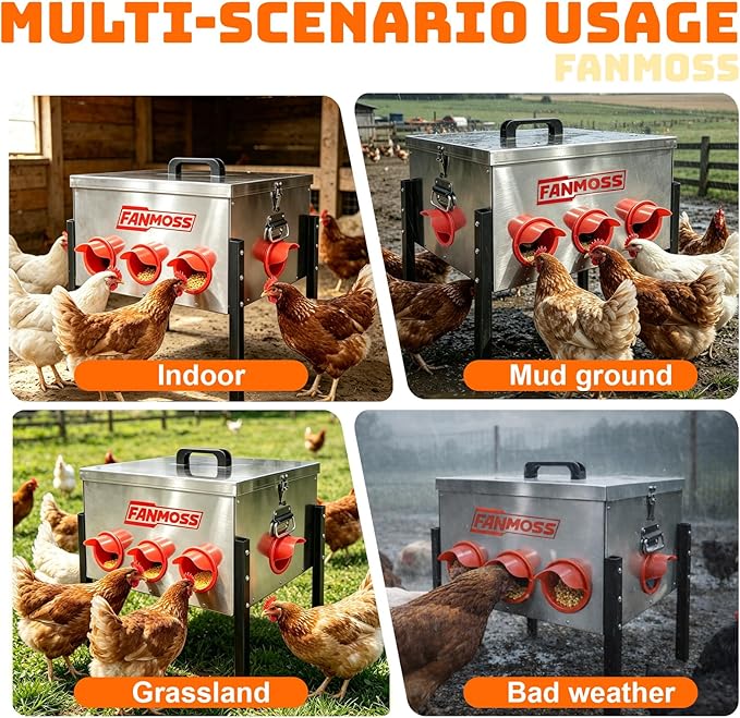 50lb Automatic Chicken Feeder, 8 Ports No Waste Chicken Feeder with Locking Lid, Adjustable Legs & Waterproof Silo, Large Metal Poultry Feeder for Hens, Ducks, Geese, Poultry