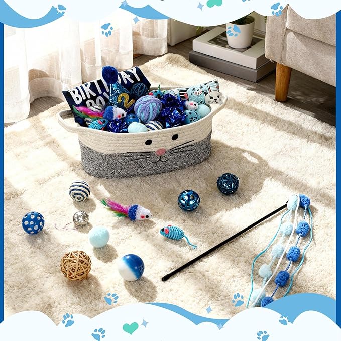 Zopeal Mother’s Day Cat Toy Set Interactive Cat Toys Pack Including Feather Teaser Wand Plush Gift Outfit Mice Crinkle Balls and Pet Bell Balls, Puzzle for Indoor Cats Gift Basket for Kitten(Blue)